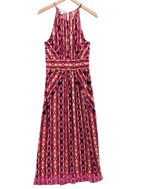 London Times Maxi Halter Dress Multicolor Ikat Jersey Sleeveless Stretch Size 10